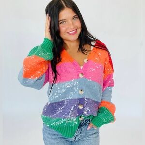 NWT BiBi Rainbow Sparkle Multicolor Sequin Sweater  Cardigan Size XL